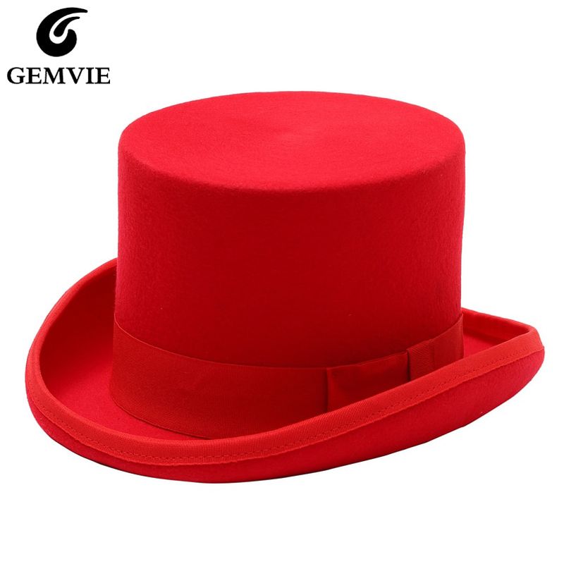 GEMVIE 13cm 100% Wool Felt Red Top Hat  Hat for Men Women Topper Mad Hatter Party Costume Fedora Derby Magician Hat