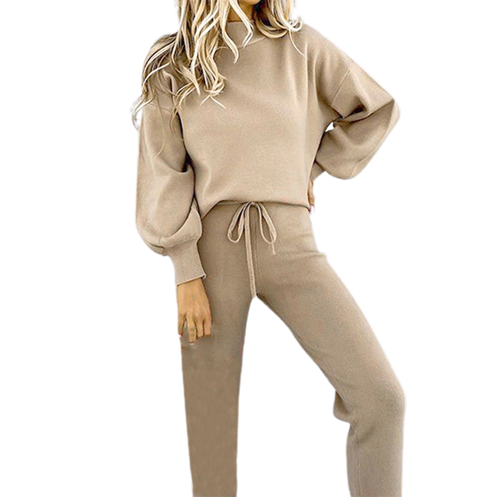 Casual Tracksuit Elastic Waist Solid Color Loose Pullover Pants Set