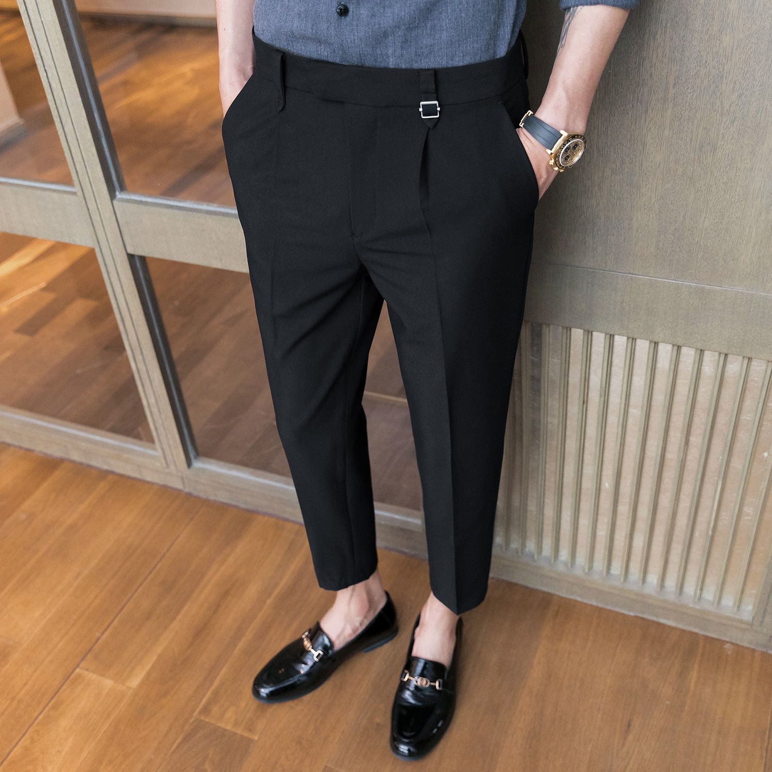 2021 Summer Casual Pants Men Slim Fit Business Dress Pants Ankle Length Streetwear Office Social Suit Trousers Black Grey Khaki