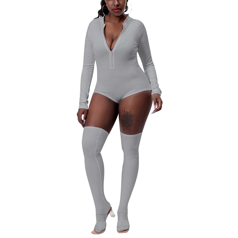 Women Wrapped Romper, Long Sleeve Lapel Zipper Solid Color Casual Street Party Bodysuit Tops, Knee Long Socks