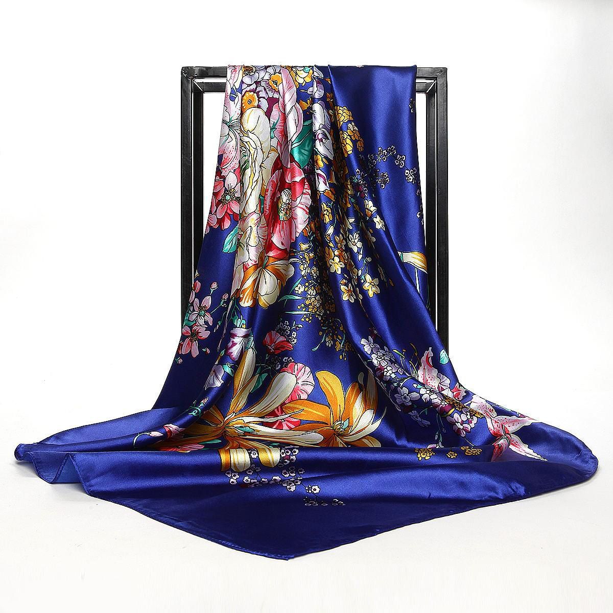 【BestGO】Female Towel Satin Scarf Professional Business Stewardess Silk Dual Use Super Large European And American HighGraHeadscarf Fashion Floral Shiny Lady Women  Shawl 90cm (35.4Inches)