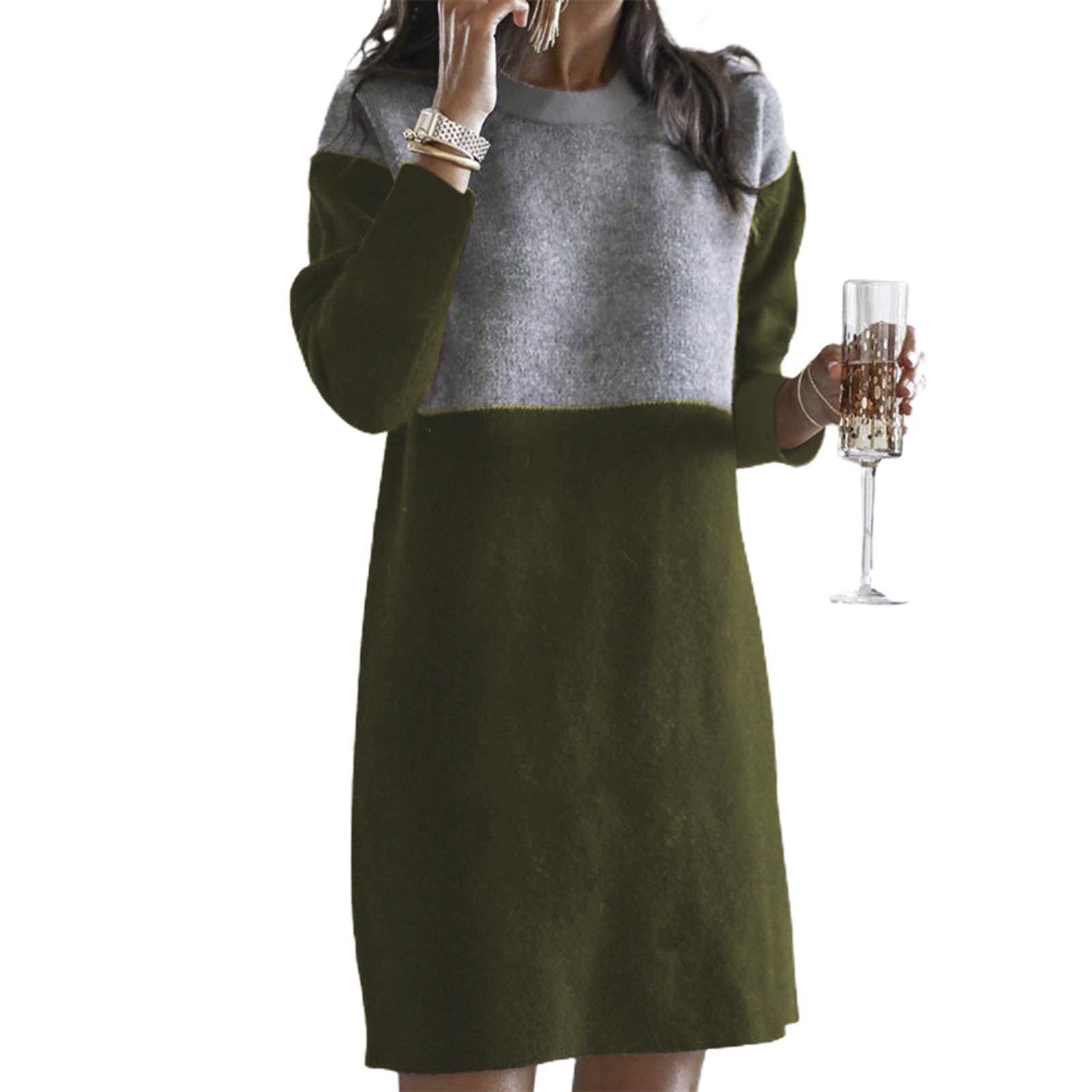 Party Dress Round Neck Patchwork Color Loose Warm Women Dress