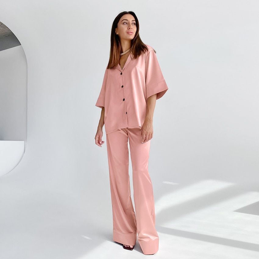 Solid Drop Sleeves Pajama Turn-Down Collar 2 Piece Set Women Pajamas With Pants  Spring Deep V-Neck Sleepwear Satin