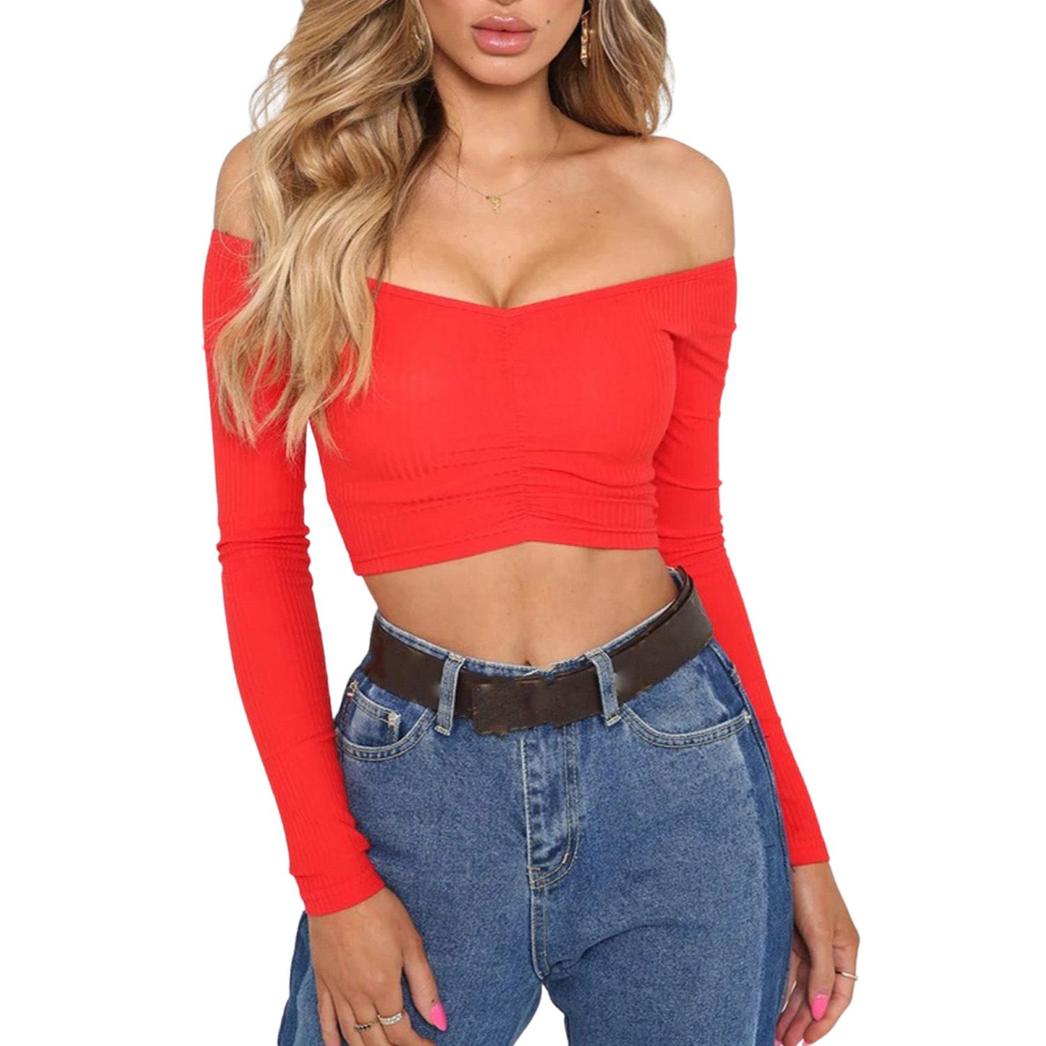 Female Crop Tops, Solid Color Boat Neck Long Sleeve T-Shirt Off Shoulder Pullover for Girls, Red/Black/White
