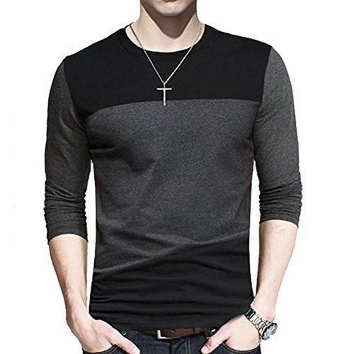 Winter Black & Grey Cotton Full Sleeve Casual T-shirt For Men