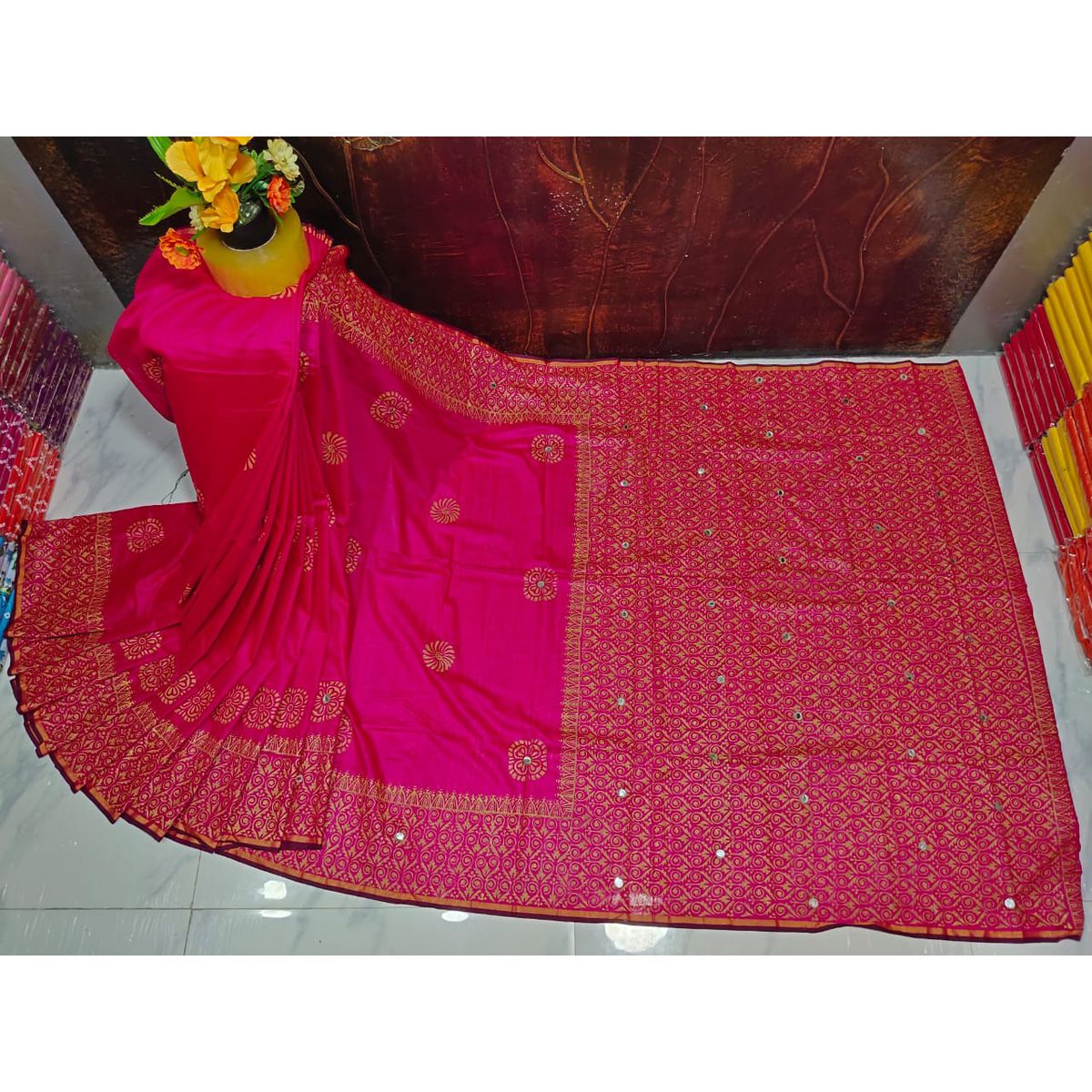 Half Silk Block Print with Dollar work Sharee ( হালফ সিল্ক শাড়ী ব্লক প্রিন্ট সাথে ডলার বসানো)