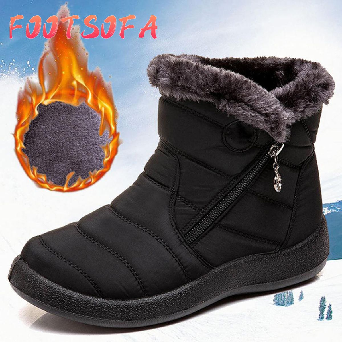 Women Winter Warm Snow Boots Plush-lined Slip On Waterproof Ankle Shoes