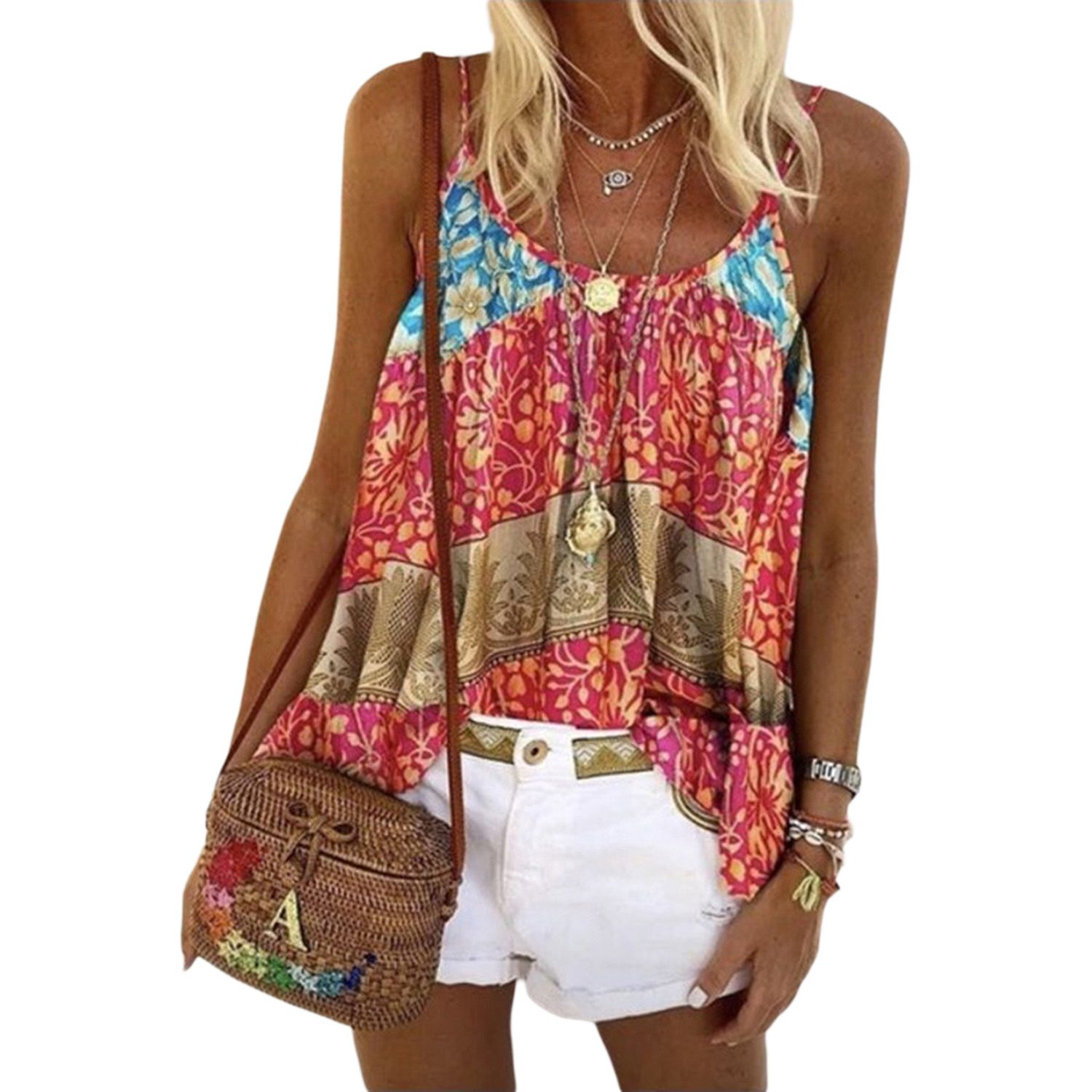 Women's Sleeveless Camisole Bohemian Pattern Print Fashion Casual Loose Vest Top