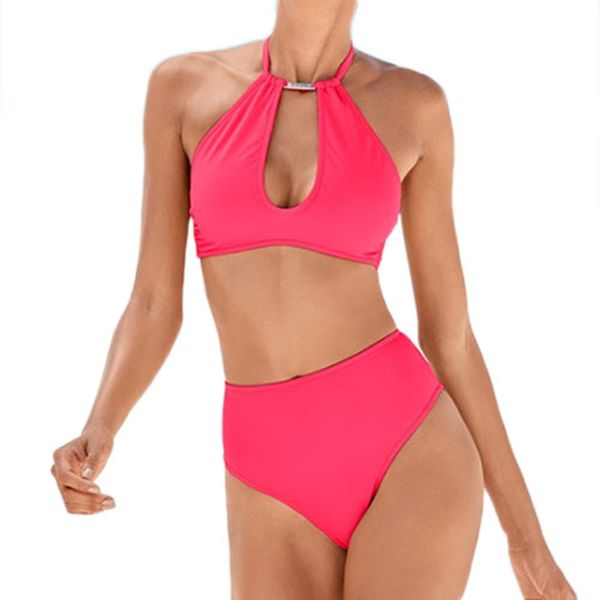 Womens Scoop Neck Cut Out Front High Cut Two Piece Swimsuit Adjustable Ties High Waisted Solid Color Bikini