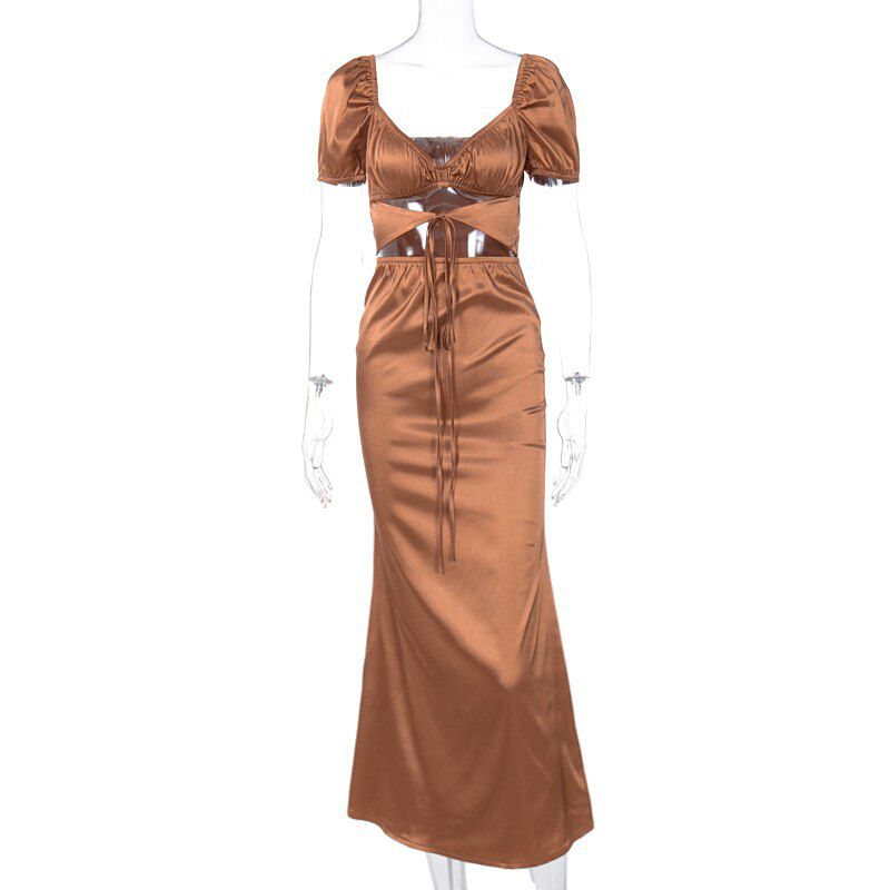 Dulzura Pure Short Puff Sleeve Midi Dress Hollow Out Lace Up Bandage Streetwear Party Elegant Women 2021 Summer Festival Holiday