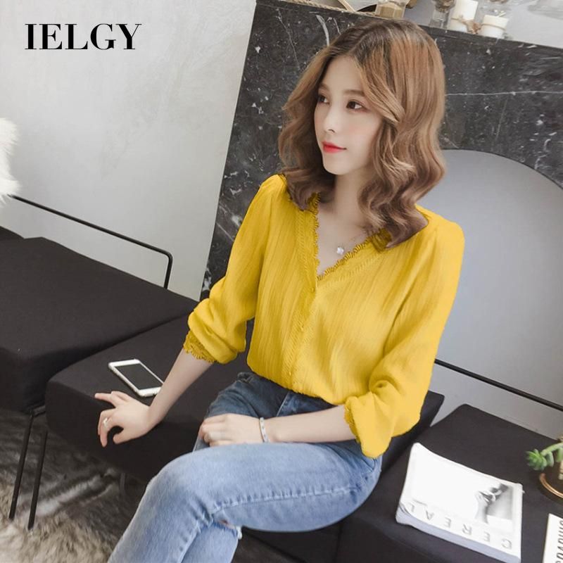 IELGY Women's clothes white long sleeve stylish shirt loose all-match Korean v-neck chiffon