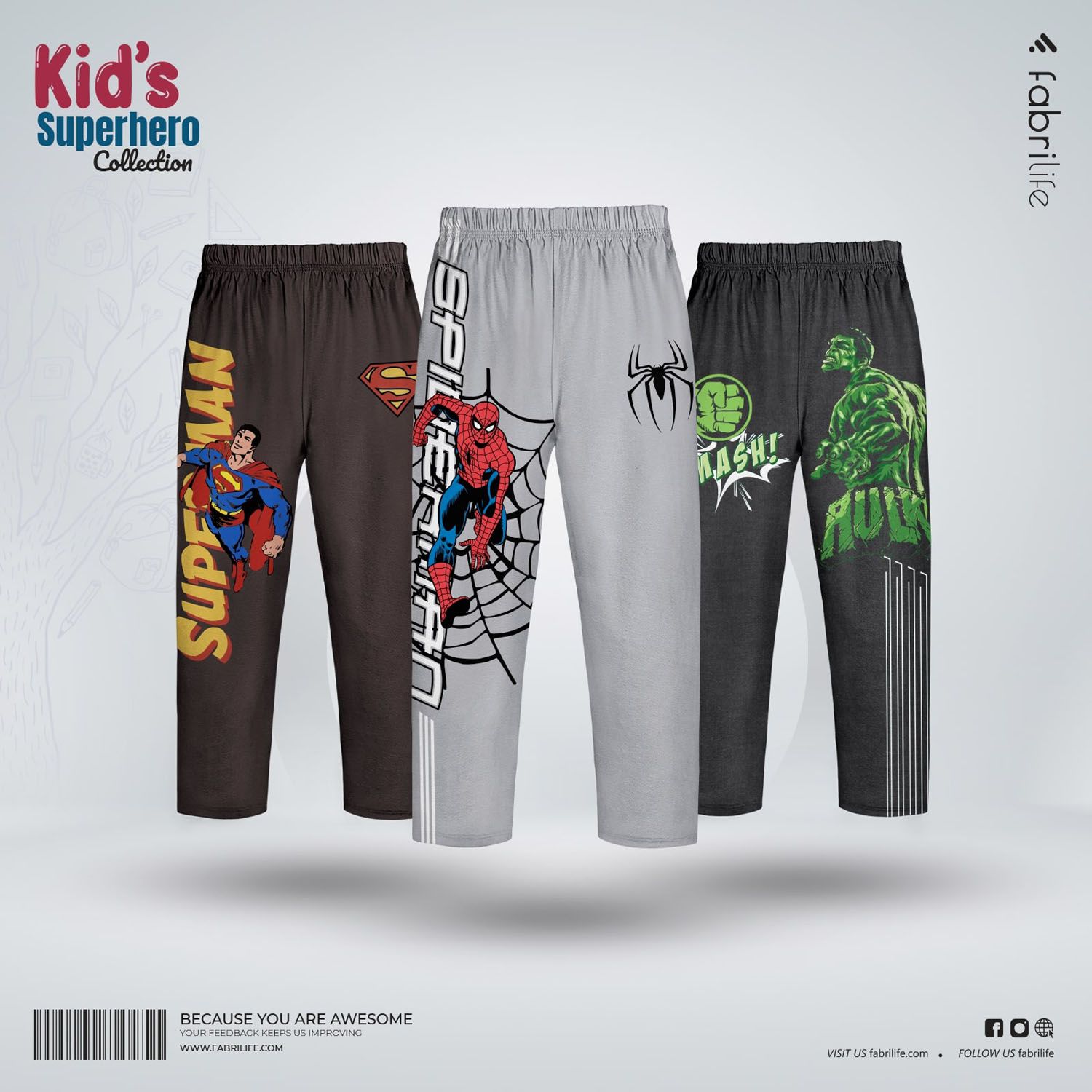 Fabrilife Premium Boys Trouser Combo  Superman, Spiderman, Hulk