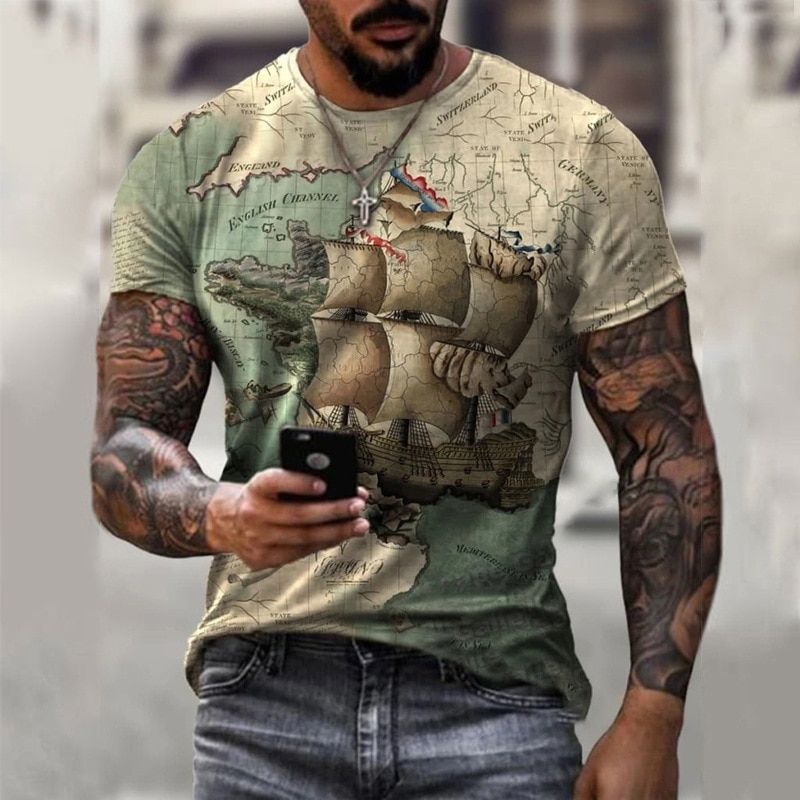 Retro classic European and American style short-sleeved street trend men's casual solid color printing T-shirt round neck top