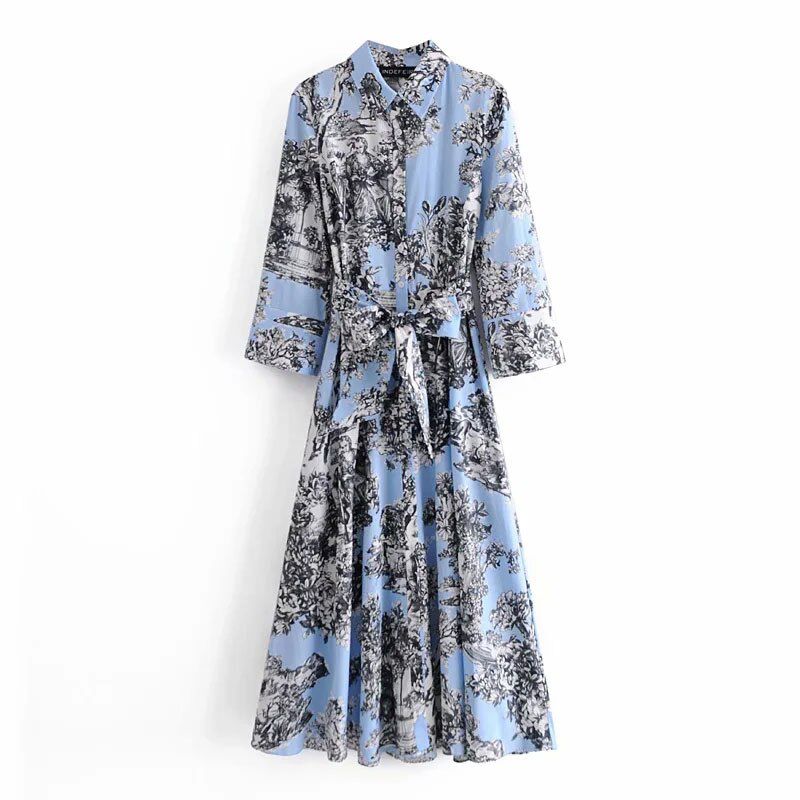 Za Fashion printing Poplin Lapel Seven points Sleeve Summer Women's Dress Casual Chic Loose Female Clothing Robe Dresses