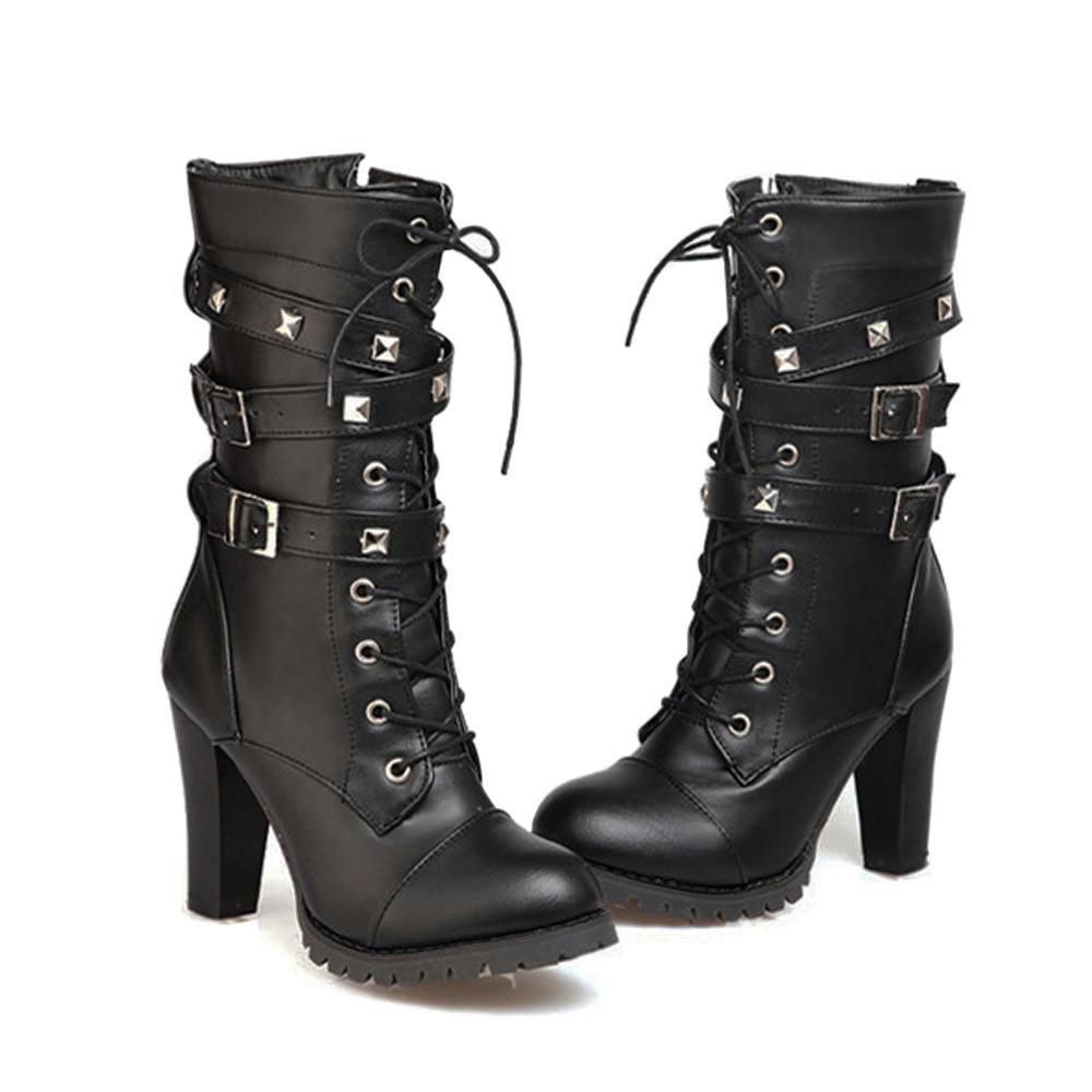 Women Ladies Rivet Belt High Heels Mid-Calf MotorcycleBoots Shoes