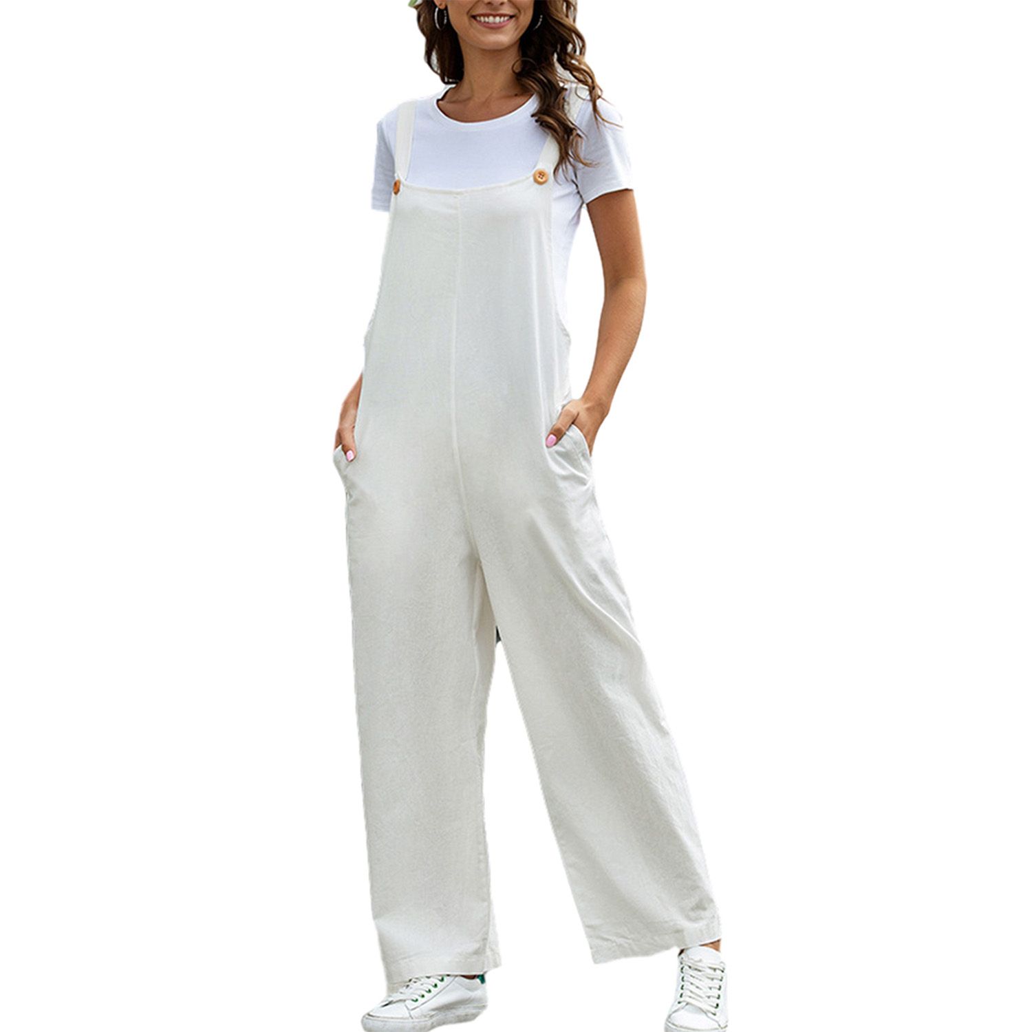 Women Fashion Pocket Overalls Casual Solid Color Suspender Pants for Women Ladies