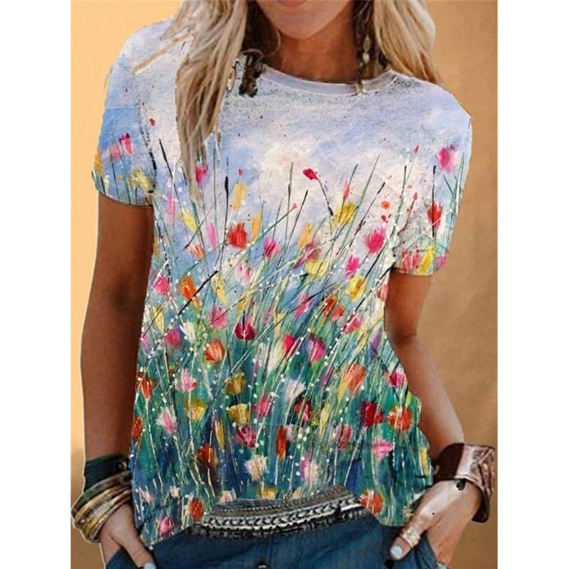 Fashion Women's Summer Round Neck Casual Loose Floral Printed Flower T Shirt  Tie Dye Tops Plus Size Short Sleeve