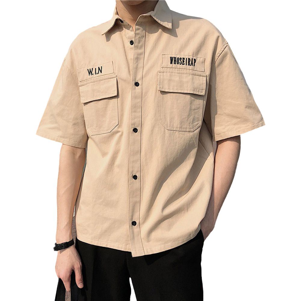 Short Sleeve Tooling Shirt Turn-Down Collar Summer Men Loose Casual Top Workwear