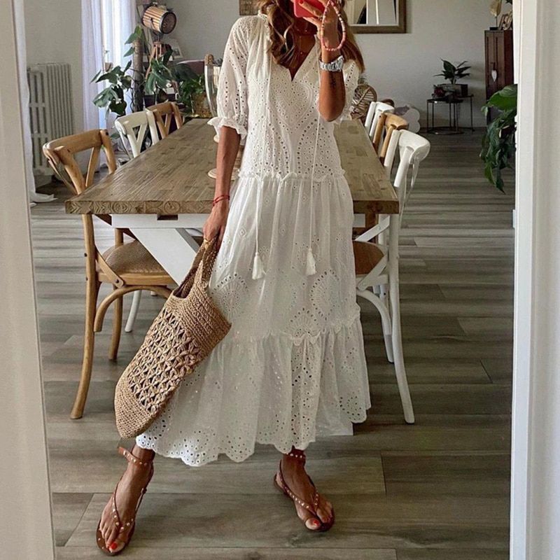 Women Turn Down Collar Printing High Waist Dress Summer Short Lantern Sleeve Casual Streetwear Dress Lady Loose Hollow Out Dress