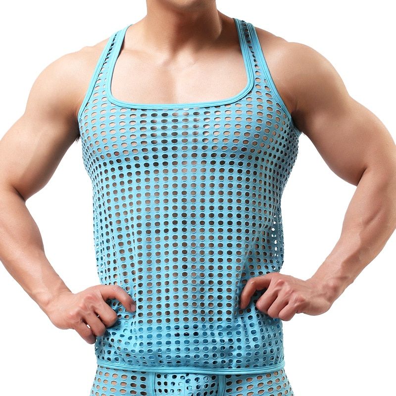 Fashion Men Mesh TaTops Hollow Out O Neck Sleeveless Party Vests  See Through Tops Men Clothing