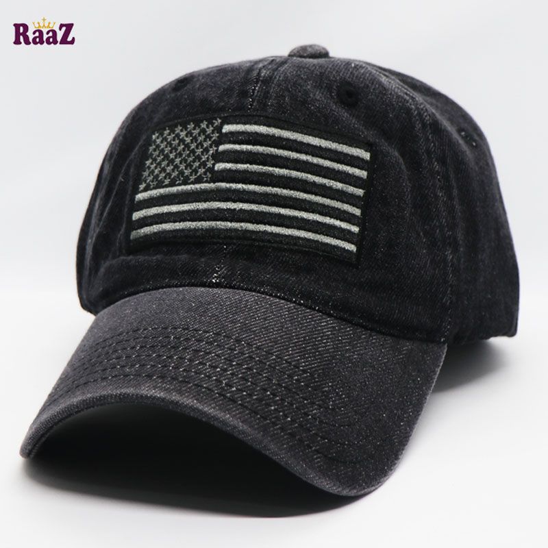 Black Jeans US Flag Embroidery Curved Cap