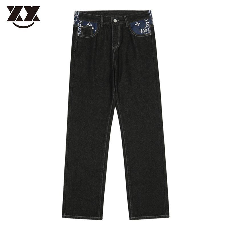 Gothic Letters Print Jeans Men Hop Patchwork Streetwear Oversized Baggy Jeans Casual Denim Pants Loose Vintage Mens Trousers