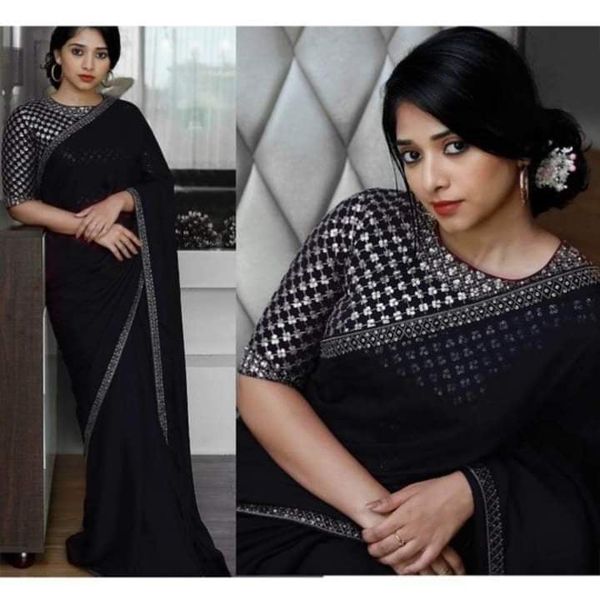 Indian Weightless Georgette Saree Black Color High Quality Embroidery Work On Blouse