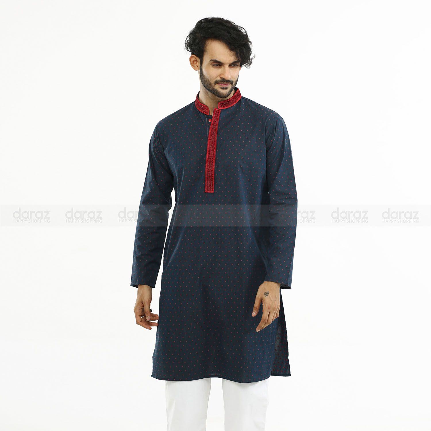 Nevy Blue Red Print Coton Fabric Semi Long Panjabi For Men's