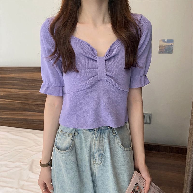 Women Summer Bowknot T-shirt, Adults Solid Color Puff Sleeve V-neck Pullover (White, Black, Pink, Purple)