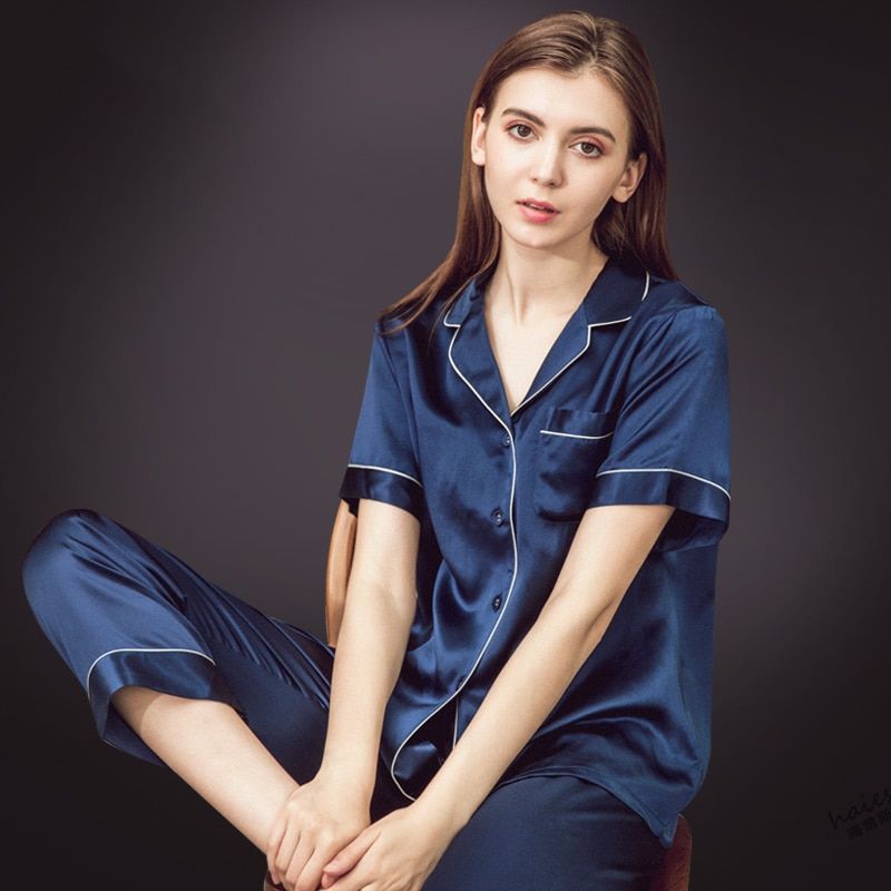 101 Sleepwear  for women Short Sleeve cardigan Summer Simulated Silk Housewear Lady pajamas birthday & pajamas party