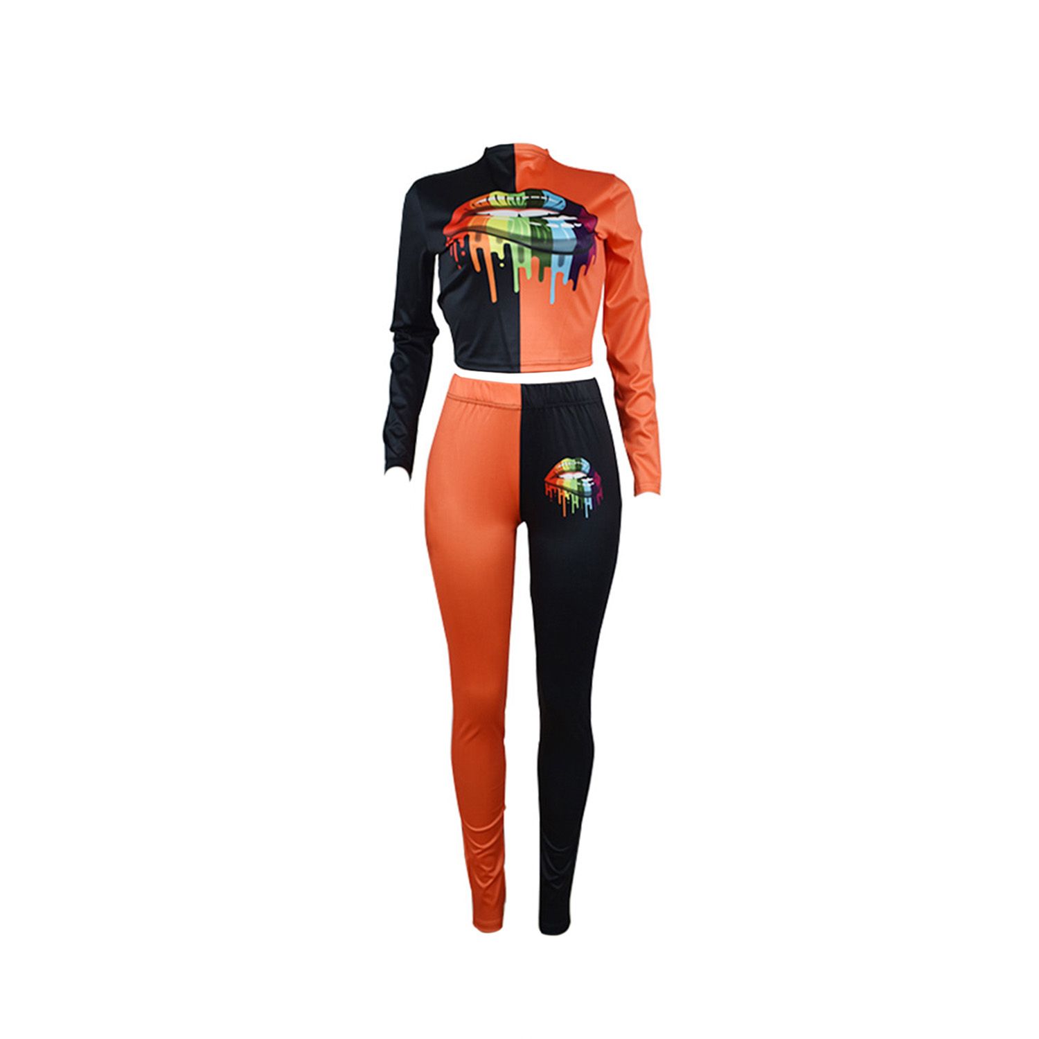 Women Casual 2-piece Outfit Set Long Sleeve Color Block Lips Print Top+Pants Set for Ladies