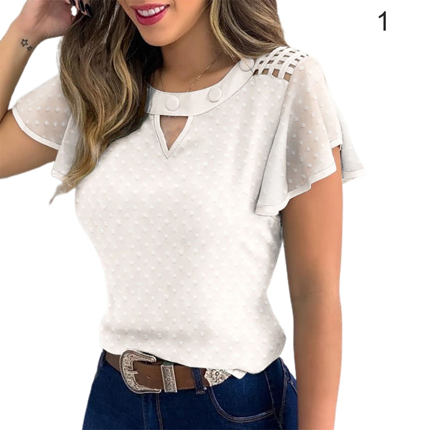 Women Top Eye-catching Short Ruffle Sleeve Women y Top