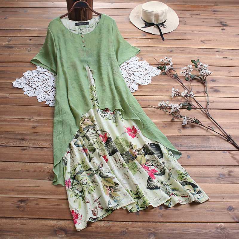 ZANZEA Pacthwork Long Dress Summer Short Sleeve Women Vintage Floral Printed Sundress Casual Retro Party Vestido Femme Dresses