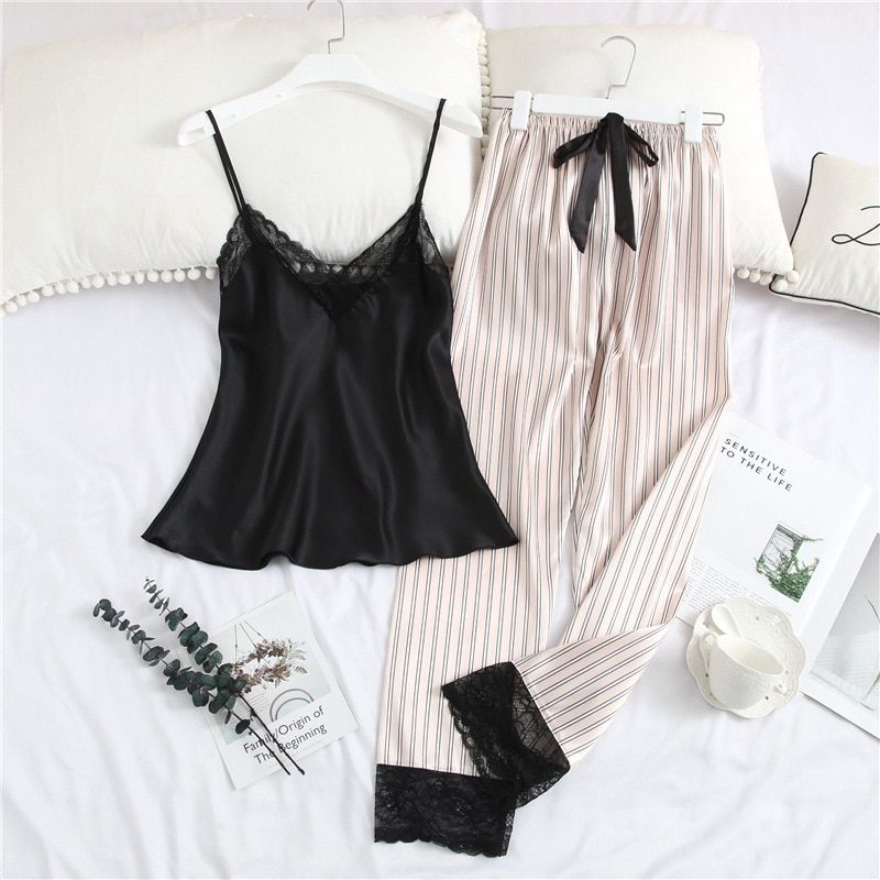 Home Clothes Silk Pajamas for Woman 2 Piece Lounge Wear  Pijamas Summer Pyjama Satin Femme Spaghetti Strap y Lace