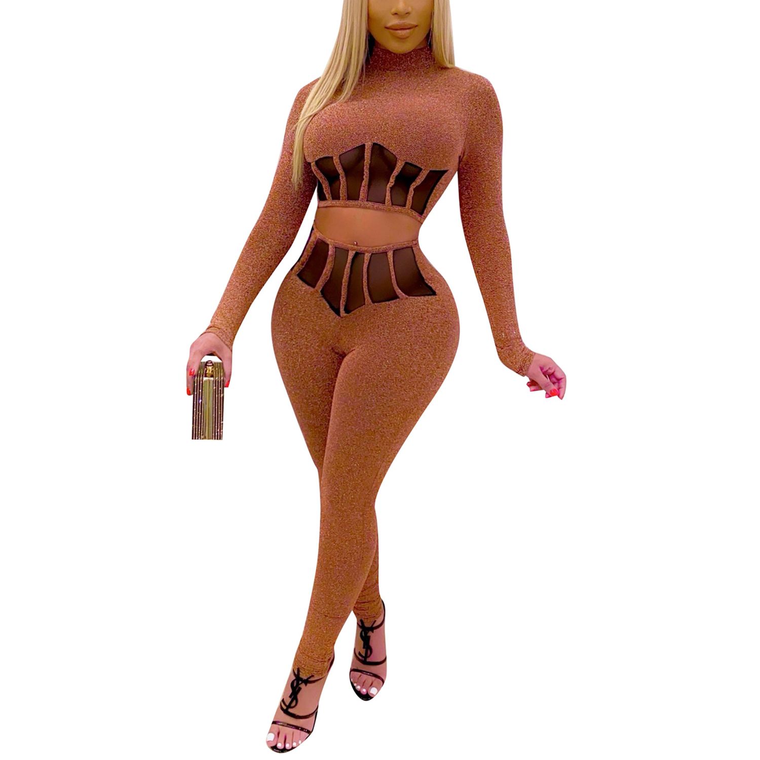 Women Long Sleeve Trouser Suit, Lace Hollow Solid Color Tight Sports Set, Round Collar High Waist Outfits