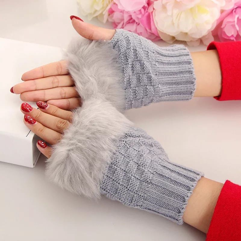 Fashion Women Faux Rabbit Fur Hand Wrist Crochet Knitted Fingerless Gloves Knitting Mittens Winter Autumn Warmer
