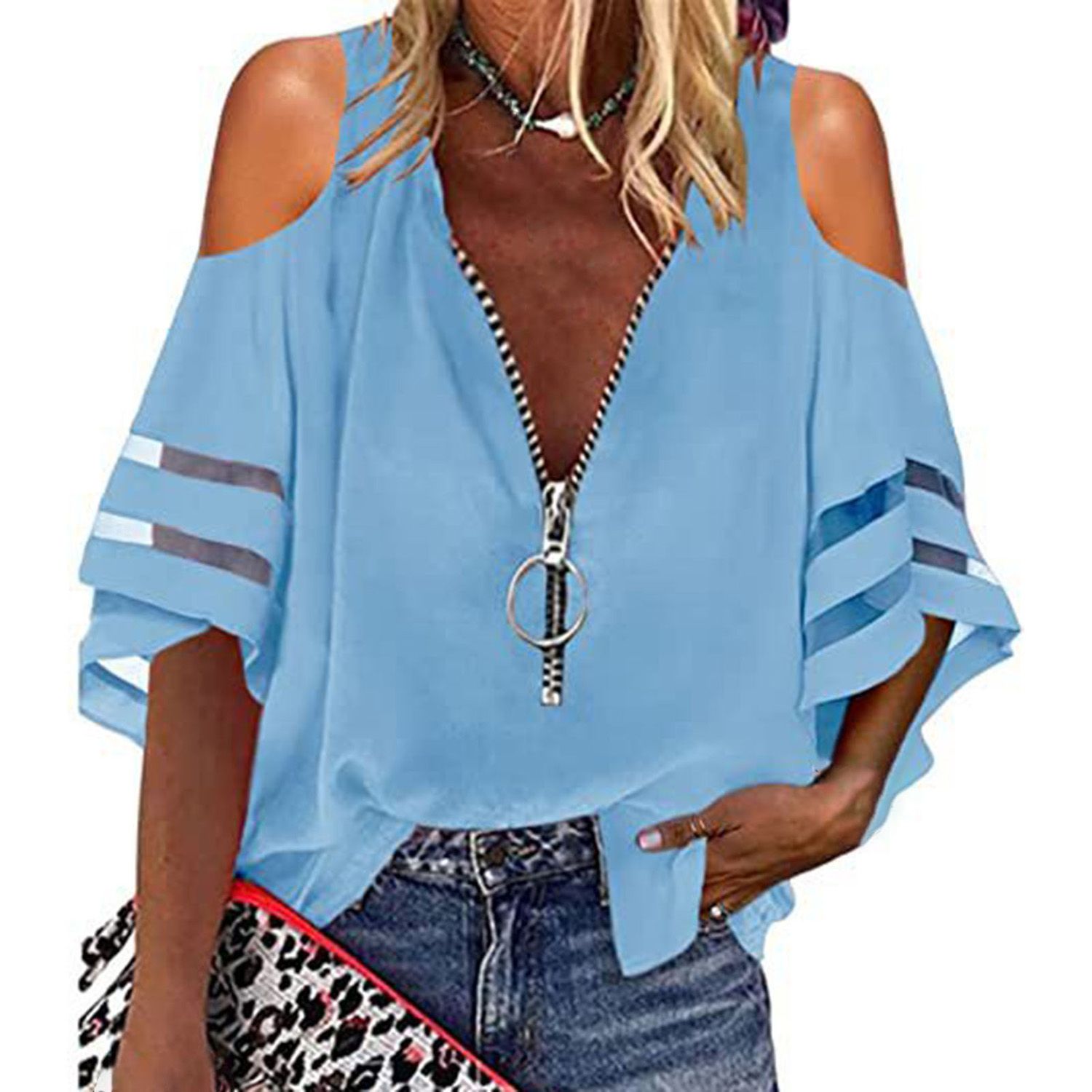 Women Blouse Lightweight Lady Shirt With Zipper