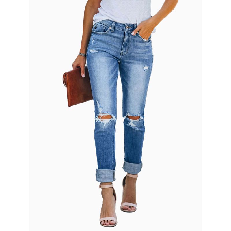 Women’s Korean Slim Fit Jeans Personality Washed Color Ripped Stretch High-waist Denim Pants