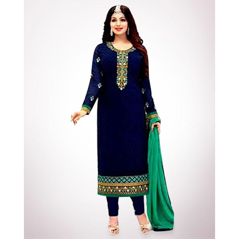 Unstitched Navy Blue Indian Printed Cotton Salwar Kameez For Women