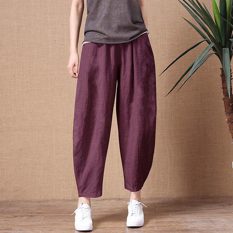Women's Cotton Linen Pants Elastic Waist Vintage Trousers Lady Loose Casual Pants S-2XL Retro Literary Cotton Trousers