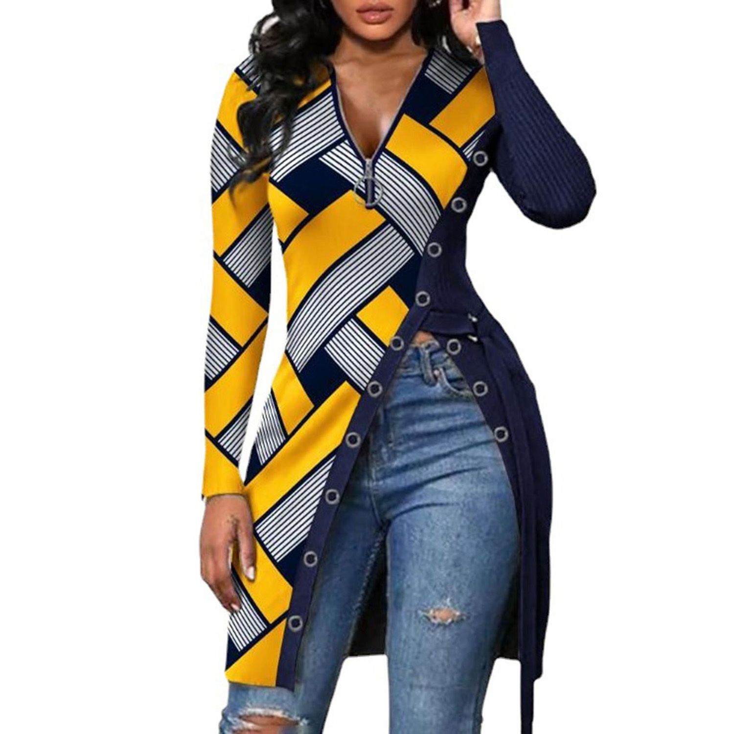 Tunic Blouse Zipper V-Neck Irregular Split Hem Pullover Blouse