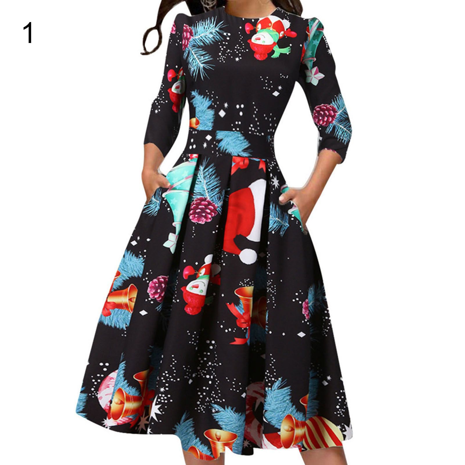 Women Dress O-Neck Christmas Print Pleated Large Hem Midi Dress