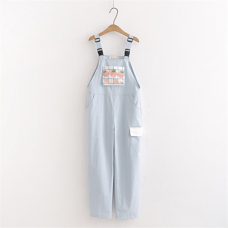 Kawaii Cargo Pants Women Sweet Plaid Strawberry Print Casual Trousers Female Pink Overalls Girls Cute Vintage Jumpsuit