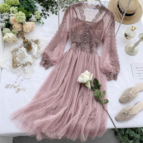 Women Mesh Lace Crochet Dresses V-neck Elegant Prom Puff Sleeves Dress Women Summer Dot Prom Party Slim Swing Long Dress