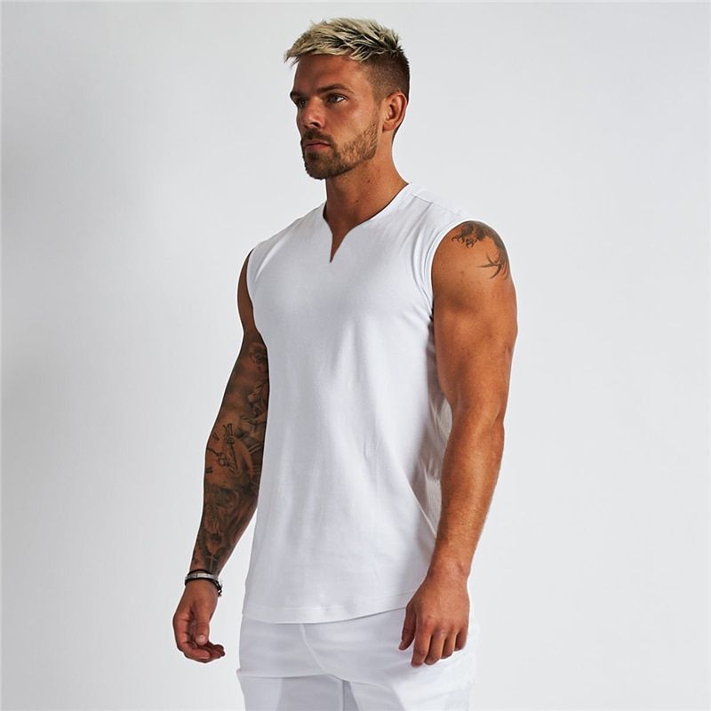 Plain Cotton V-neck Fitness TaTop Men Summer Muscle Vest Gym Clothing Bodybuilding Sleeveless Shirt Workout Srts Singlets