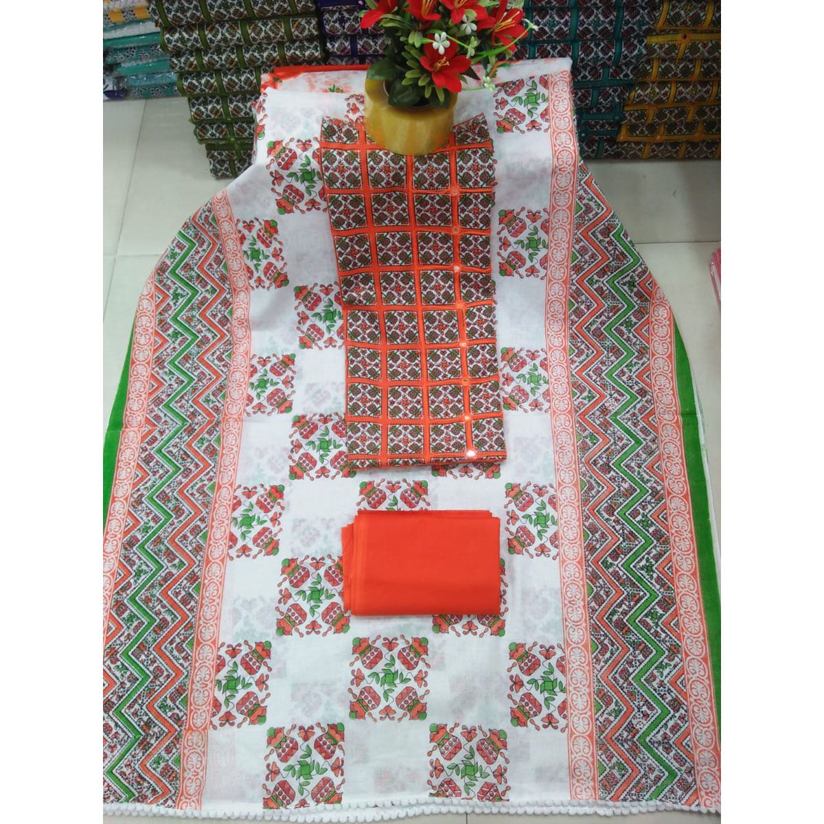 Modina Joypuri Ari Work Unstitched Fashionable Stylish Gorgeous Three Piece Set For Women Clothing Salwar Kamiz { 3 Piece } অর্ক কটন আড়ি জয়পুরি থ্রি পিছ
