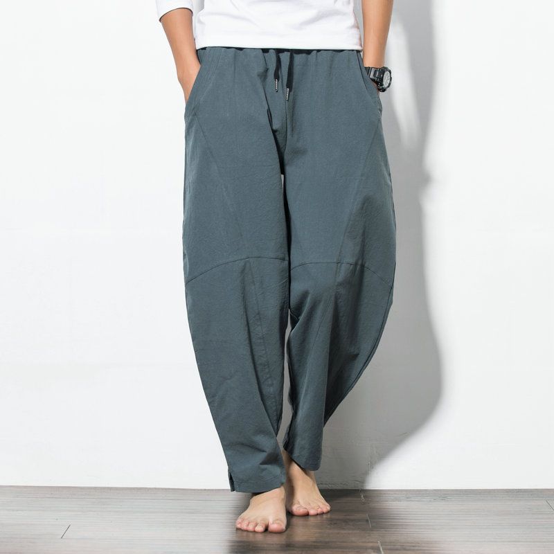 Cotton Harem Pants Men Solid Elastic Waist Streetwear Joggers Baggy Drop-crotch Pants Casual Trousers Men
