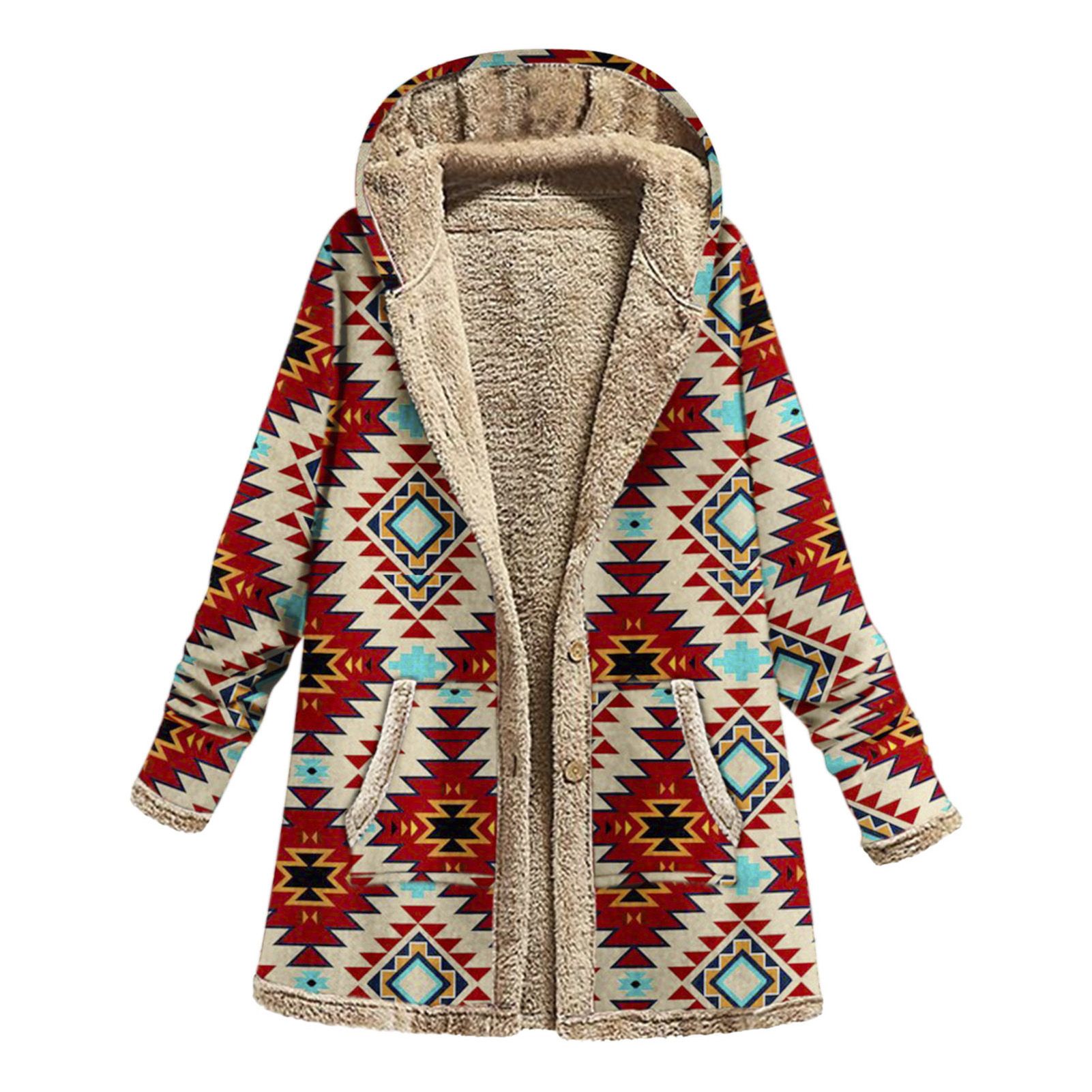 Women Jacket Printed Hooded Buttons Coat
