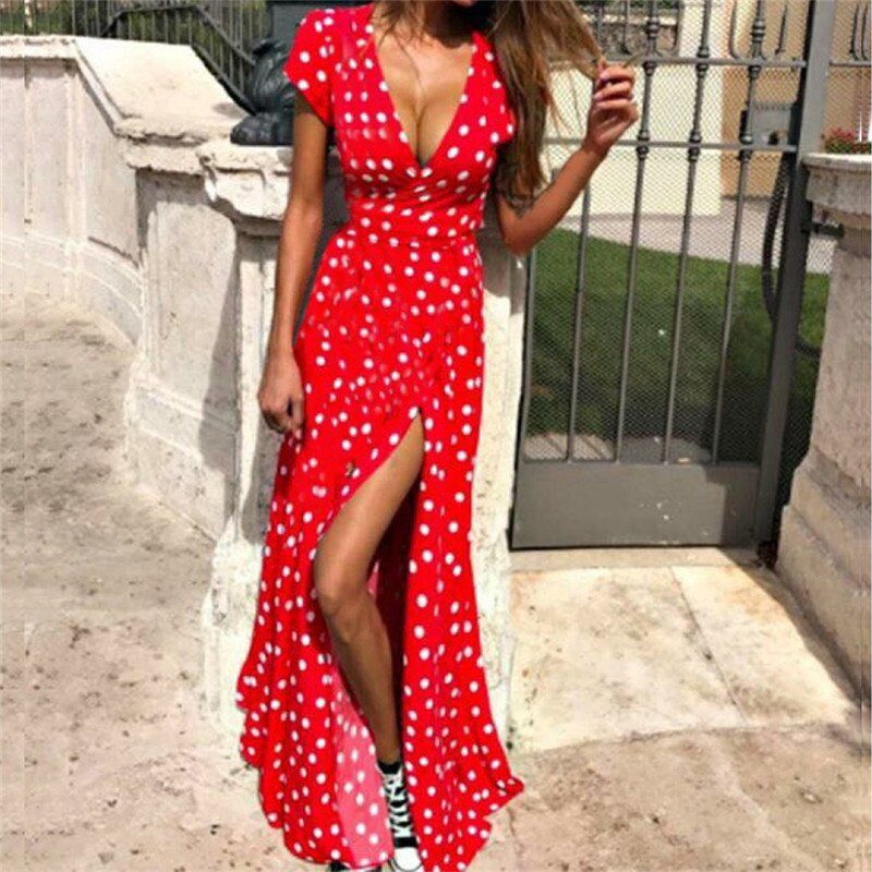Women Summer High Split Beach Boho Dress 2021 Sexy V-neck Short Sleeve Maxi Long Dress Vintage Dot Print Party Dresses Plus Size