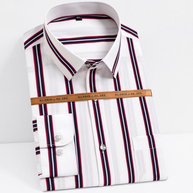 Men's Fashion Soft & Smooth Stretch Striped Dress Shirts Single Patch Pocket Long Sleeve Standard-fit Business Office Work Shirt